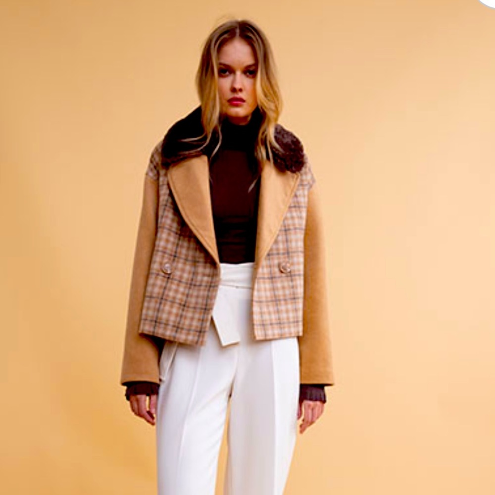 NWT Rachel Parcell Boxy Plaid Faux Fur Almond Brown Jacket Size L